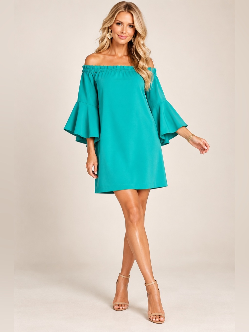 Trina Turk Teal Off-Shoulder Midi Dress with Ruffle Bell Sleeves- Size Medium